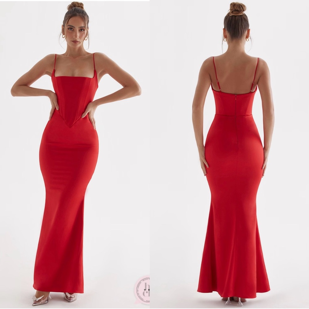 House of CB Olivette Red Rose Satin Corset Maxi Dress L